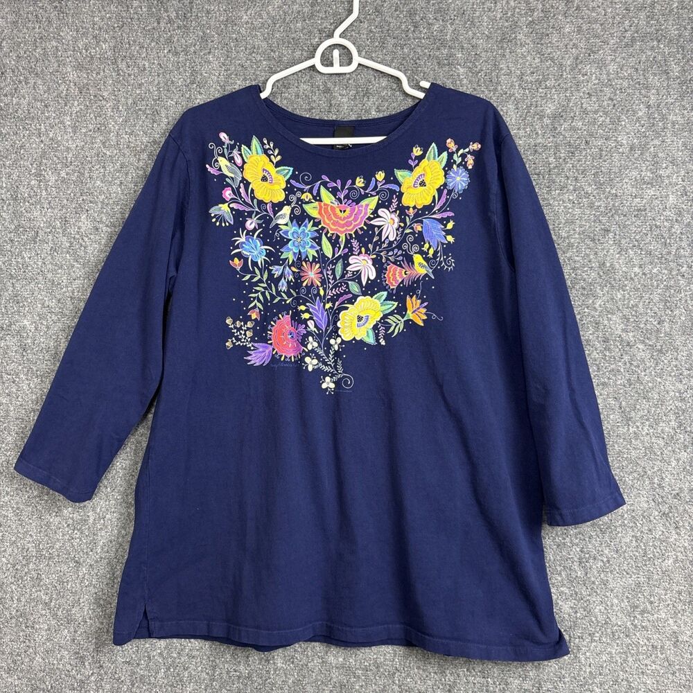 Sabaku Artwear Top Blouse  Womens L Blue  Folk Art Floral